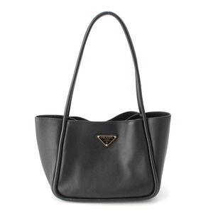 Prada Soft Grain Leather Triangle Logo Plate Tote Bag Black